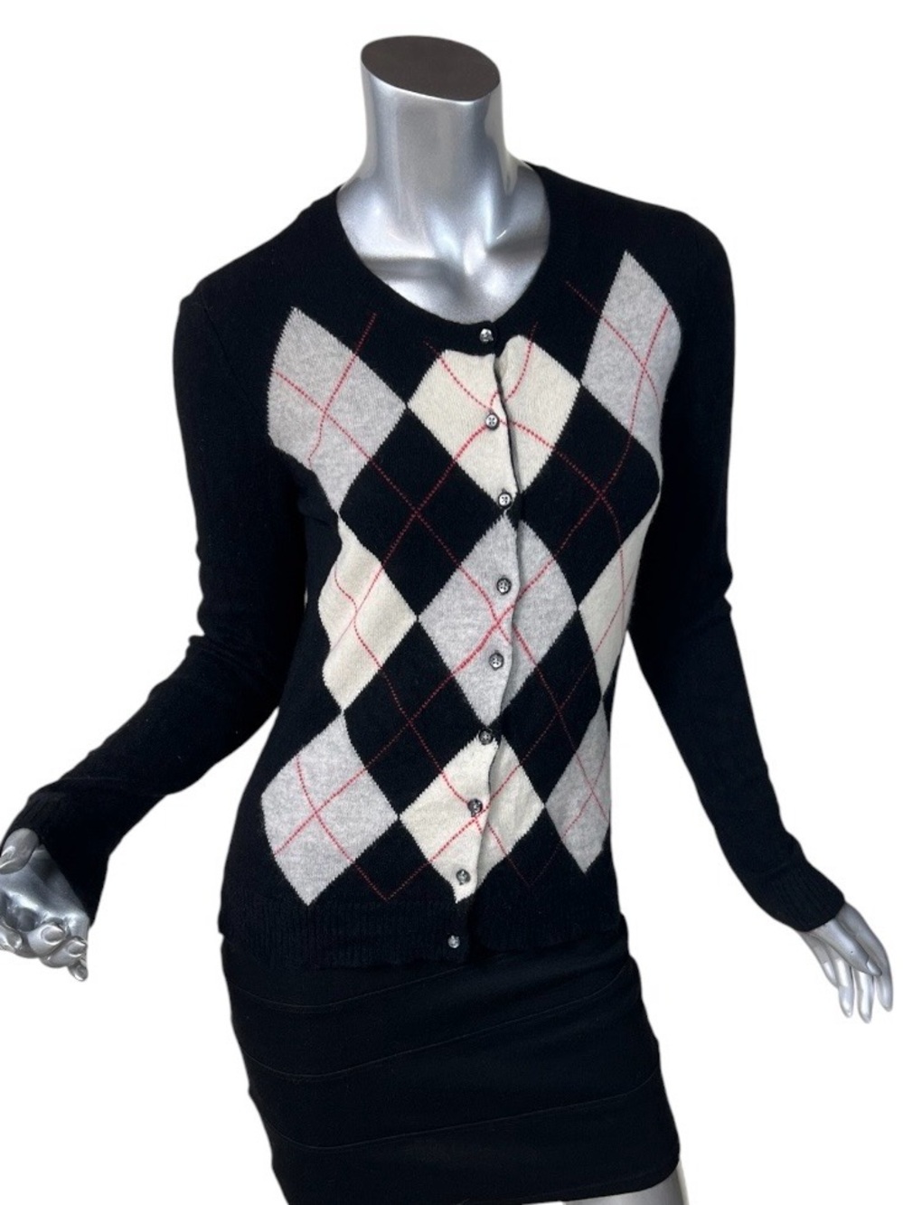 Apt. 9 Black Grey Ivory Red Argyle 100% Cashmere Cardigan Sweater Women’s MEDIUM